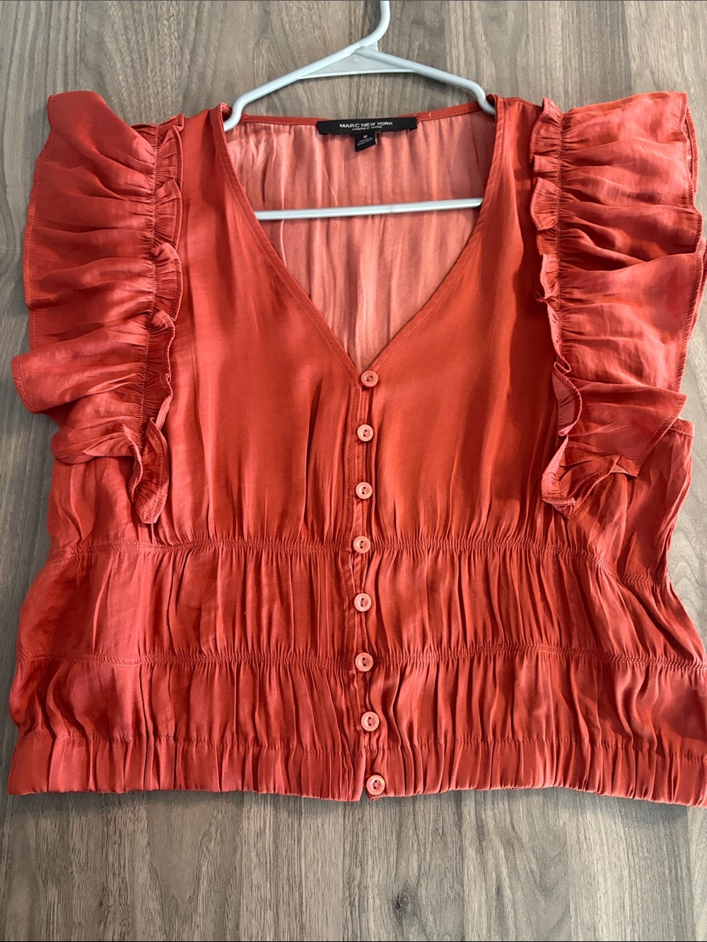 Andrew Marc Rust Ruffle-Sleeve Button Front Blouse - Picture 11 of 15